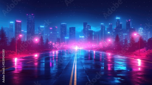 Neon City at Night with Wet Road.