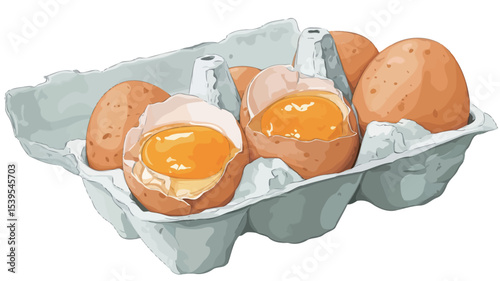 A close-up illustration depicting a six-egg carton containing several brown eggs. Two eggs are shown cracked open, revealing bright yellow yolks and partially visible egg whites. 