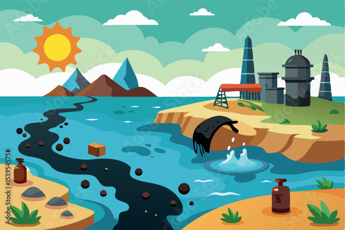 Pollution disrupts the harmony of nature in a coastal industrial area under a bright sun