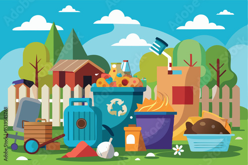 Waste management practices illustrated through various recycling and disposal activities in a community park