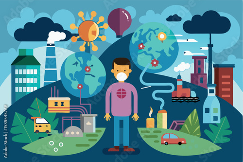 Person wearing mask amid industrial landscape and global environmental issues illustrated in a vibrant, stylized design