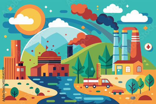 Environmental illustration depicting industrial factories along a river with pollution and vibrant landscape