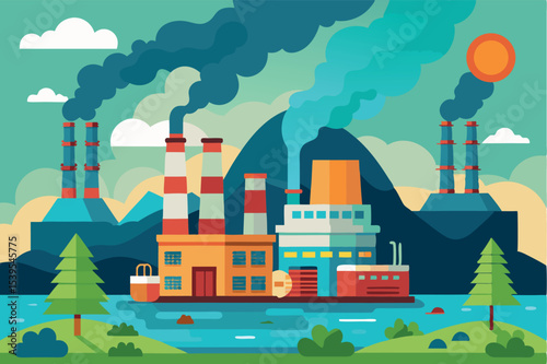 Pollution from factories near a river with mountains and trees in a stylized landscape during daytime
