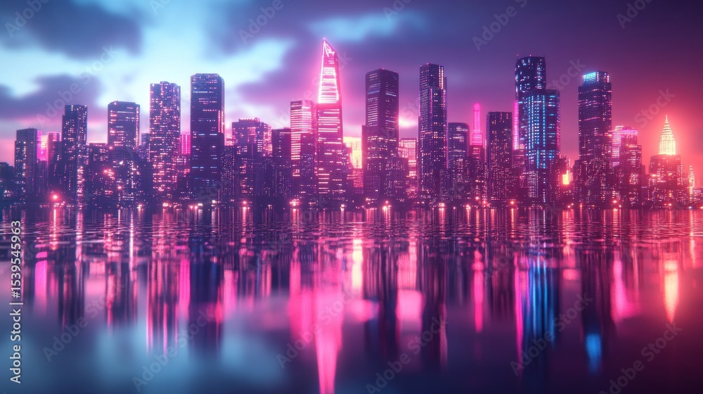 Fototapeta premium Neon Cityscape reflecting in water.