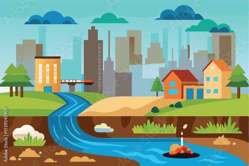 Colorful city landscape with river, buildings, and green trees under cloudy sky in digital art style