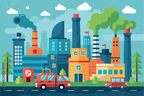 Industrial cityscape with factories, vehicles, and trees on a clear day illustrating urban development