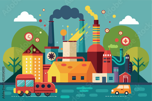 Colorful illustration of industrial buildings and vehicles in an urban setting with factories and trees