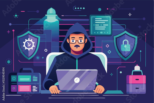 Cybersecurity specialist working on a laptop in a dark room surrounded by digital elements and security icons
