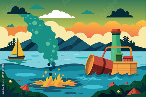 Cartoon landscape featuring a boat, smoke, and a colorful sunset over mountains with a sailboat on water