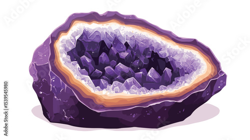 A detailed close-up shot of a halved amethyst geode. The image showcases the geode's internal structure, revealing a cluster of numerous purple amethyst crystals within a cavity. 