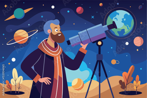 Man observes Earth through a telescope while surrounded by colorful planets and stars at night