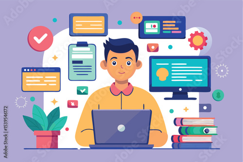 Digital workspace illustration featuring a man focused on his laptop with various digital elements surrounding him