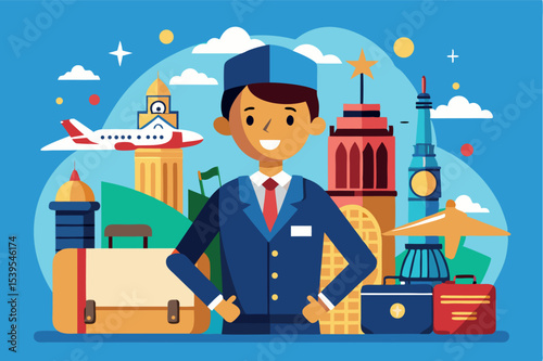 Travel agent standing proudly with bags and famous landmarks in the background during a sunny day