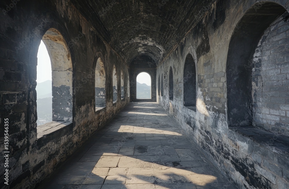 Naklejka premium Ancient stone corridor with arched windows, sunlight streaks