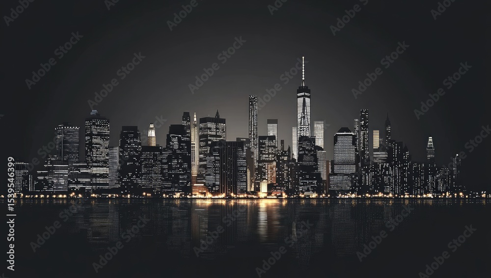 Obraz premium Night city skyline, lights reflecting on water