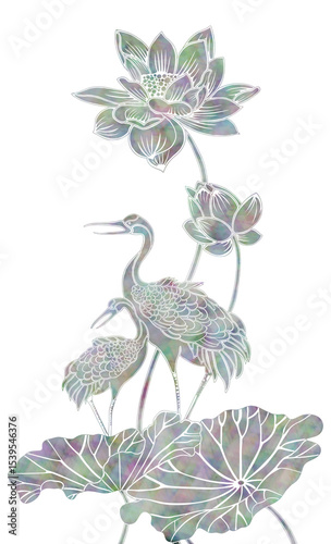 자개로 표현된 전통 연꽃과 학 일러스트 : Traditional Lotus and Cranes Illustration with Mother-of-Pearl Texture