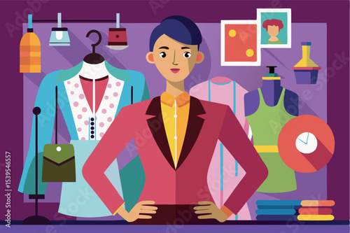 Stylish clothing boutique with a confident attendant in a vibrant setting showcasing various outfits and accessories