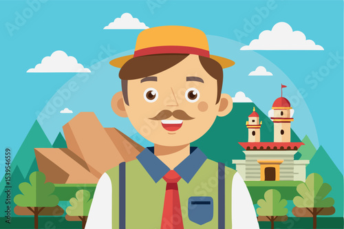 Friendly park ranger smiles in front of mountains and a castle during a sunny day in a vibrant landscape