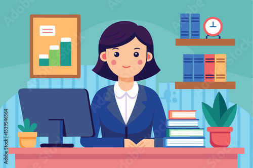 Businesswoman working at a desk with plants and books in a bright, organized office environment