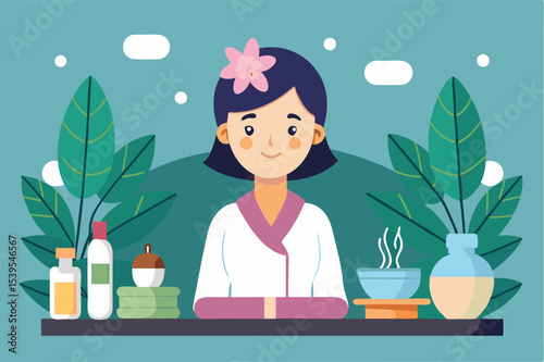 Woman in spa setting preparing natural beauty treatments with plants and gentle decor