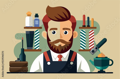 Barber stands proudly in his shop surrounded by tools and grooming products ready to serve clients