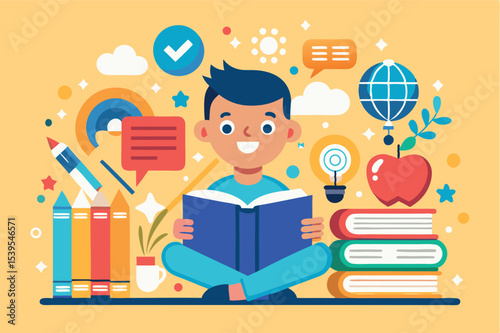 Young boy reading book with colorful educational elements in a bright, cheerful atmosphere