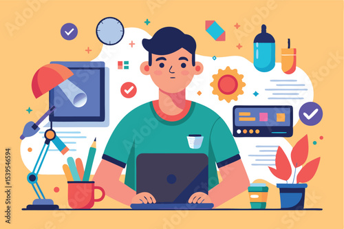 Young man working on laptop in a colorful and organized workspace with plants and office supplies