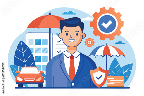 Business professional in a suit with symbols of insurance and protection in a modern office environment