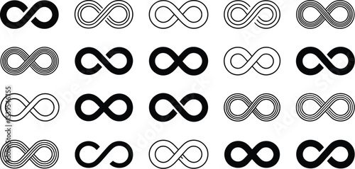 Display of various infinity symbols in rows on a light gray backdrop