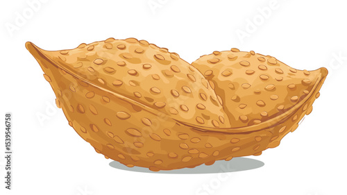 A digital illustration or drawing depicts a single peanut in its shell.  The peanut and shell are rendered in a solid, uniform golden yellow color. The surface texture is shown as bumpy and