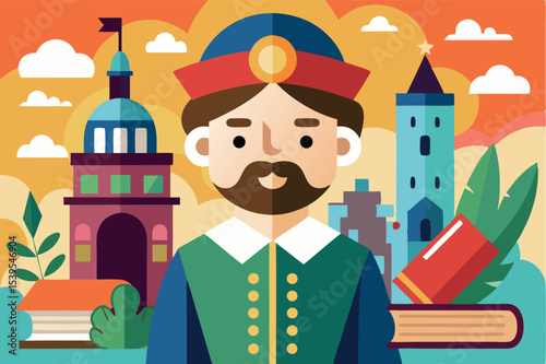 Historical figure stands proudly against a picturesque background of buildings and trees in a colorful landscape
