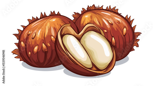 A digital illustration depicting two horse chestnuts. One chestnut is shown whole, with its spiky husk, while the other is shown split open to reveal its two creamy-white seeds or nuts inside.