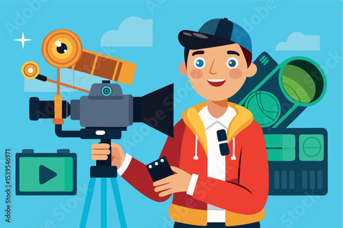 Young filmmaker with camera engaged in creative work in a colorful studio setting