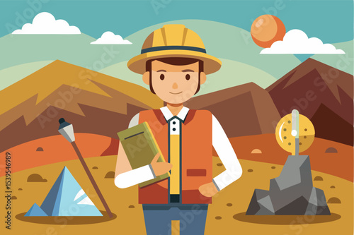 Worker holding a clipboard in a mountainous landscape under a bright sun with rocky terrain and geometric shapes