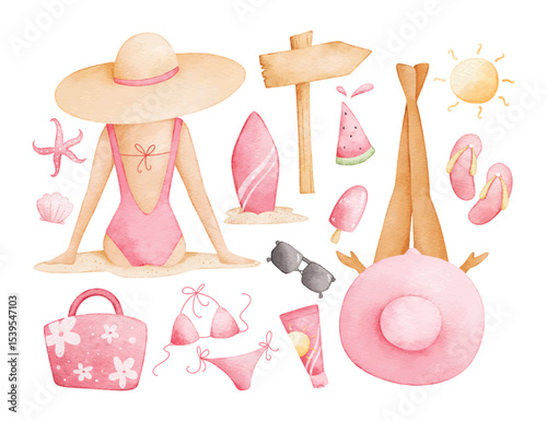 Watercolor Illustration Set of Girls in Summer Holiday at the Beach