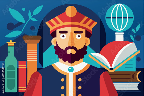 Symbolic representation of a wise king surrounded by books and scientific tools in a mystical setting