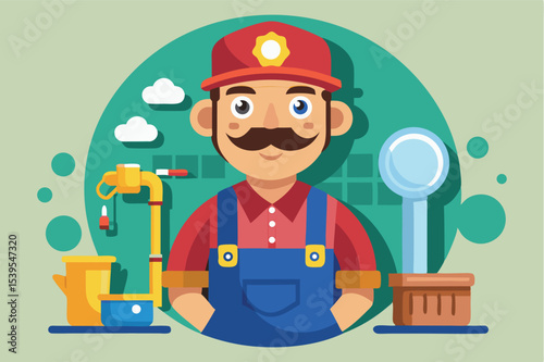 Plumber with tools standing in a workshop, showcasing plumbing equipment and a friendly demeanor