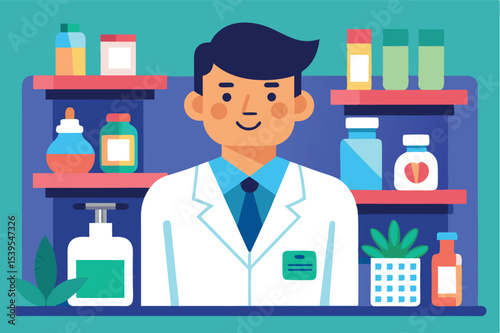 Pharmacist in a modern pharmacy setting, showcasing medicine and healthcare products in a vibrant environment