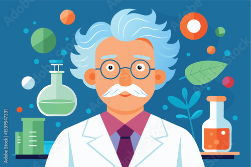 Scientist in laboratory with colorful chemistry equipment and scientific elements in the background