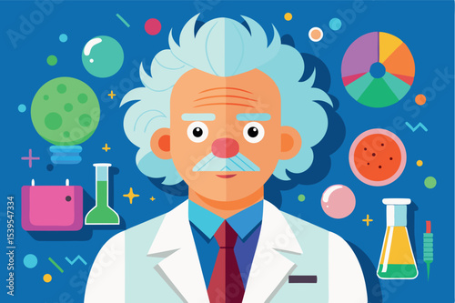 Scientist with white hair and lab coat surrounded by colorful science illustrations in a creative workspace