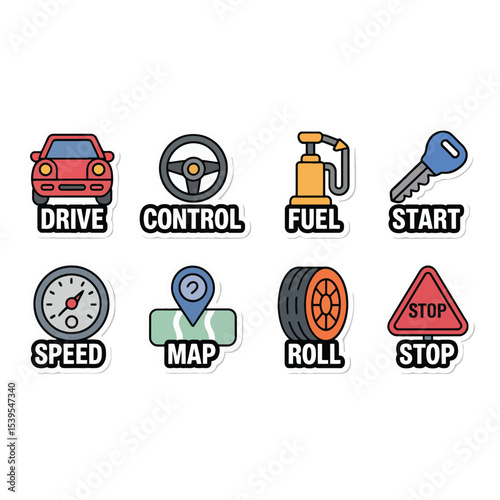 Icons depicting car functions isolated on white background