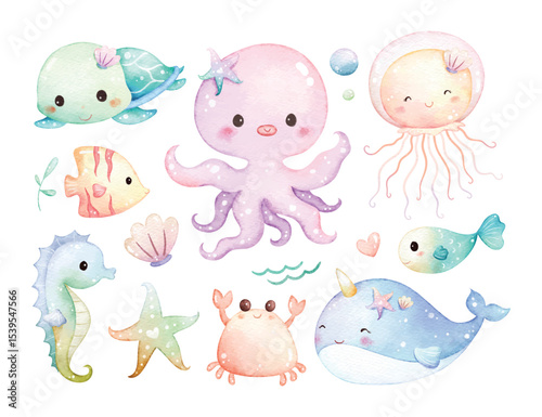 Watercolor Illustration Set of Cute Sea Animals
