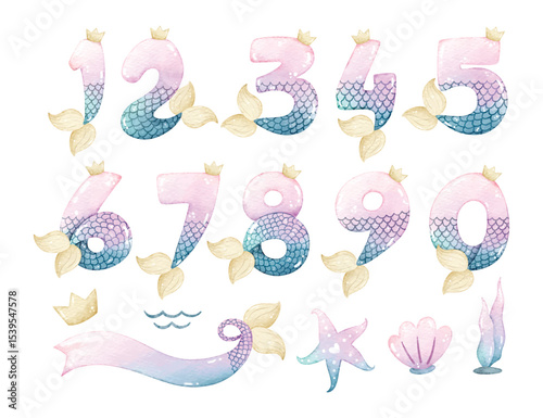 Watercolor Illustration Set of Number in Mermaid Theme