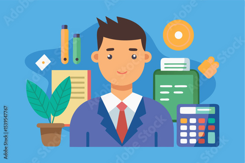 Professional man in suit posing with office items in a bright workspace, showcasing productivity and organization skills