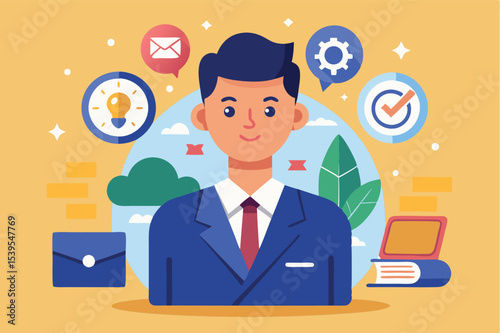 Professional man in suit surrounded by symbols of productivity and technology in a bright, modern design