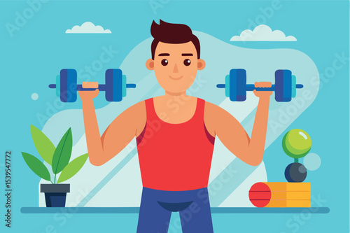 Fitness enthusiast lifts dumbbells in a vibrant and motivating home gym setting during daylight hours