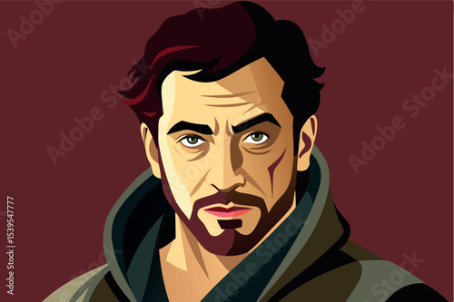 Portrait of a man with a serious expression, wearing a dark hooded jacket against a solid maroon background
