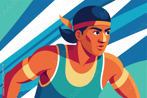 Bold athlete sprinting forward with determination against a vibrant, dynamic background in a lively sport setting