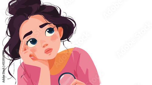 A digital illustration of a young woman with dark hair styled in a bun. She is depicted from the shoulders up, with her head slightly tilted upward, and has a pensive expression. 