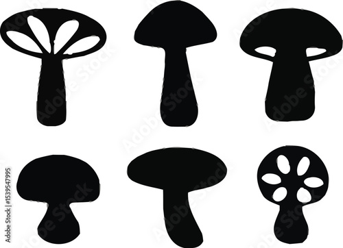 Six mushroom silhouettes arranged on a patterned light background